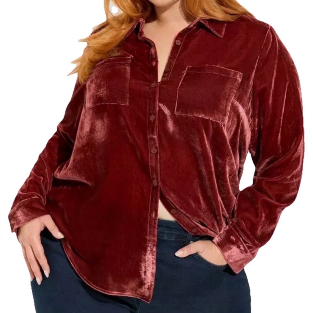 Torrid 3 Madison Velvet Button Up Shirt 3X Syrah Long Sleeve Top Blouse